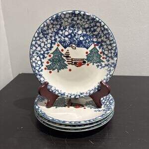 Folk Craft Cabin in the Snow Salad Dessert Plates 7.5" Vintage Tienshan Set Of 4